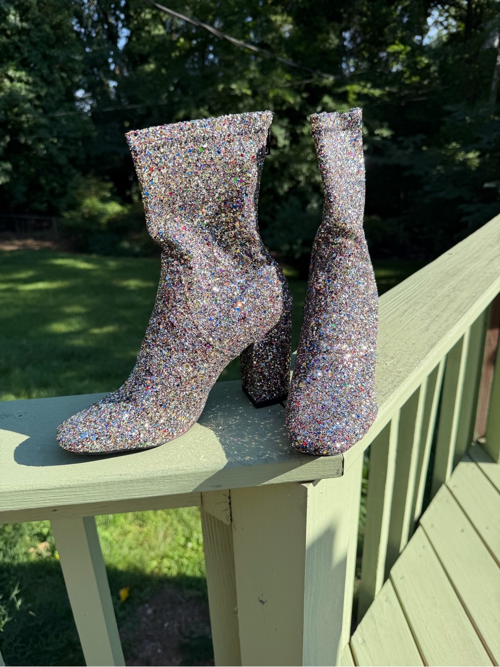 Sparkly glitter sock boot with chunky heel